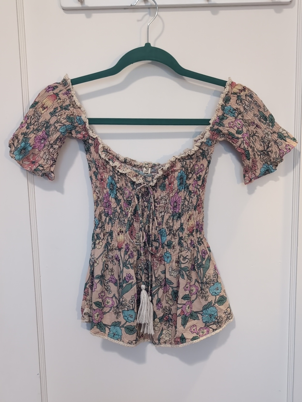 Spell Sayulita Cream Floral Smocked Off-Shoulder Top with Teal & Mauve Flowers